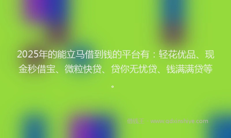 2025年的能立马借到钱的平台有：轻花优品、现金秒借宝、微粒快贷、贷你无忧贷、钱满满贷等。