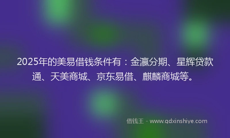 2025年的美易借钱条件有：金瀛分期、星辉贷款通、天美商城、京东易借、麒麟商城等。