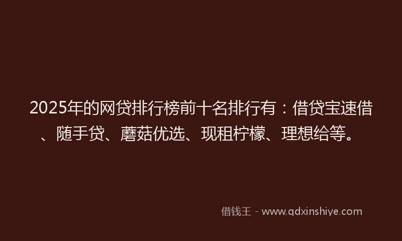 2025年的网贷排行榜前十名排行有：借贷宝速借、随手贷、蘑菇优选、现租柠檬、理想给等。