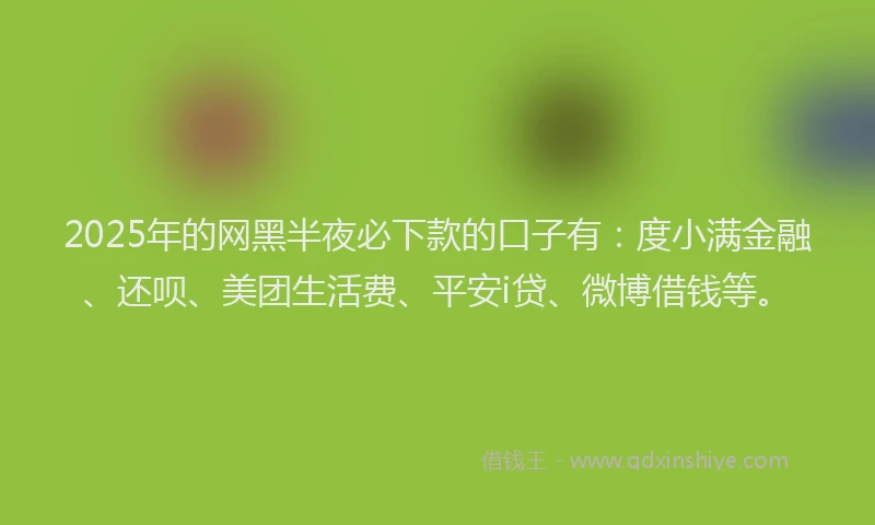 2025年的网黑半夜必下款的口子有：度小满金融、还呗、美团生活费、平安i贷、微博借钱等。
