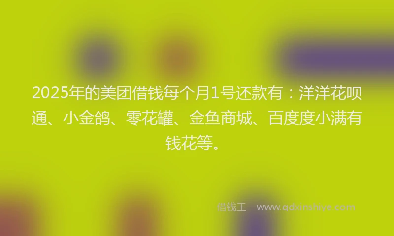 2025年的美团借钱每个月1号还款有：洋洋花呗通、小金鸽、零花罐、金鱼商城、百度度小满有钱花等。