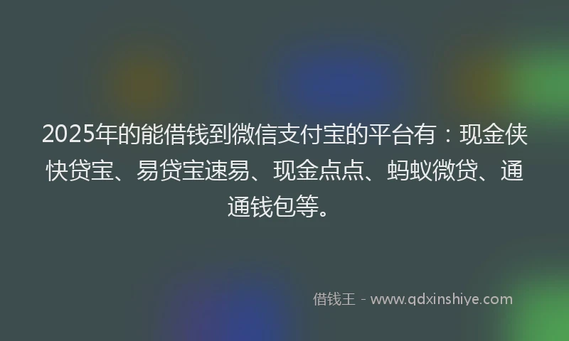 2025年的能借钱到微信支付宝的平台有：现金侠快贷宝、易贷宝速易、现金点点、蚂蚁微贷、通通钱包等。