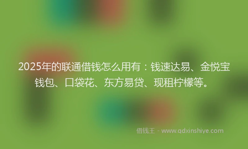 2025年的联通借钱怎么用有：钱速达易、金悦宝钱包、口袋花、东方易贷、现租柠檬等。