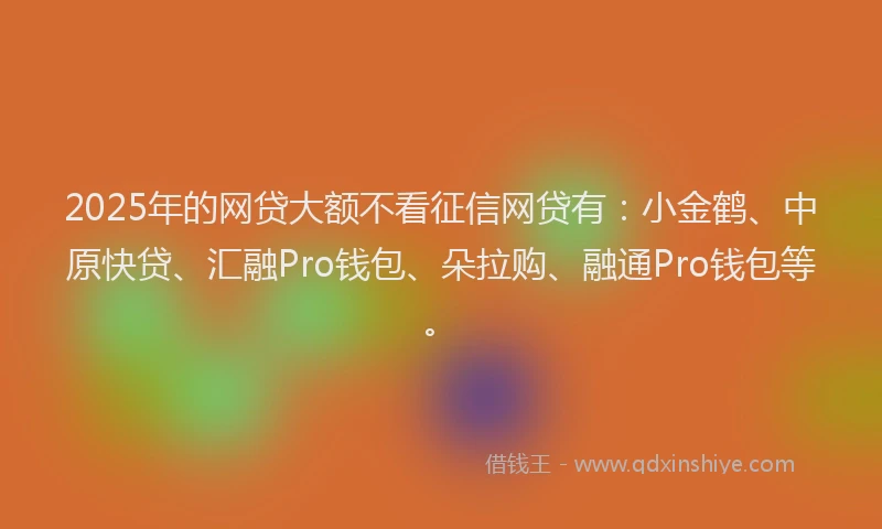 2025年的网贷大额不看征信网贷有：小金鹤、中原快贷、汇融Pro钱包、朵拉购、融通Pro钱包等。