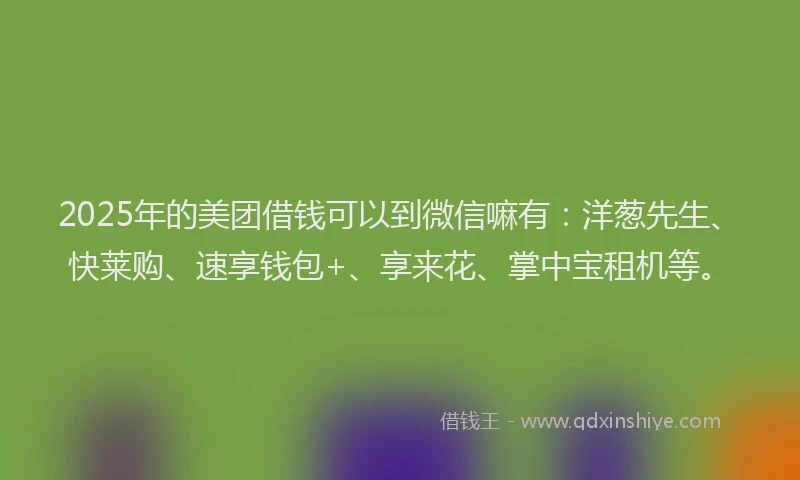 2025年的美团借钱可以到微信嘛有：洋葱先生、快莱购、速享钱包+、享来花、掌中宝租机等。