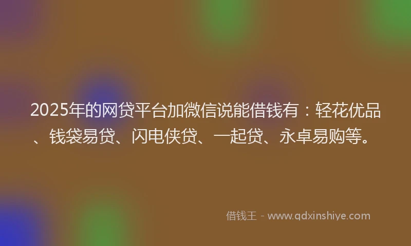 2025年的网贷平台加微信说能借钱有：轻花优品、钱袋易贷、闪电侠贷、一起贷、永卓易购等。