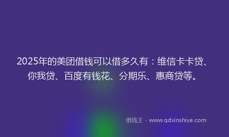 2025年的美团借钱可以借多久有：维信卡卡贷、你我贷、百度有钱花、分期乐、惠商贷等。
