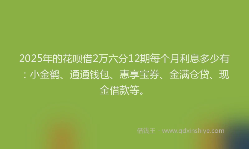 2025年的花呗借2万六分12期每个月利息多少有：小金鹤、通通钱包、惠享宝券、金满仓贷、现金借款等。