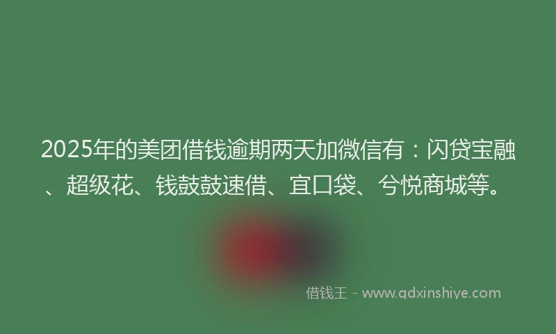 2025年的美团借钱逾期两天加微信有：闪贷宝融、超级花、钱鼓鼓速借、宜口袋、兮悦商城等。