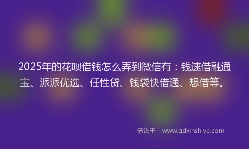 2025年的花呗借钱怎么弄到微信有：钱速借融通宝、派派优选、任性贷、钱袋快借通、想借等。
