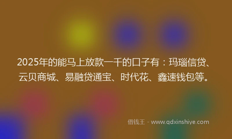 2025年的能马上放款一千的口子有：玛瑙信贷、云贝商城、易融贷通宝、时代花、鑫速钱包等。