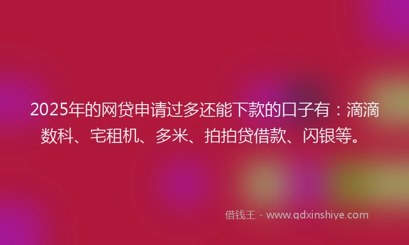 2025年的网贷申请过多还能下款的口子有：滴滴数科、宅租机、多米、拍拍贷借款、闪银等。