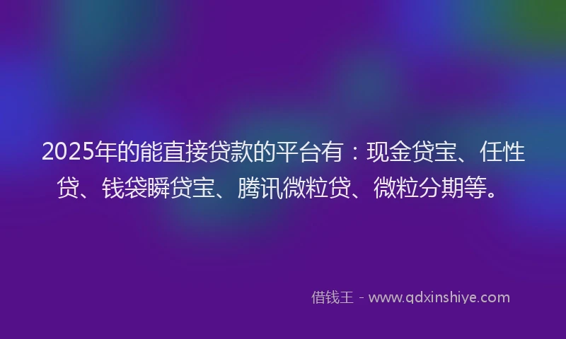2025年的能直接贷款的平台有：现金贷宝、任性贷、钱袋瞬贷宝、腾讯微粒贷、微粒分期等。