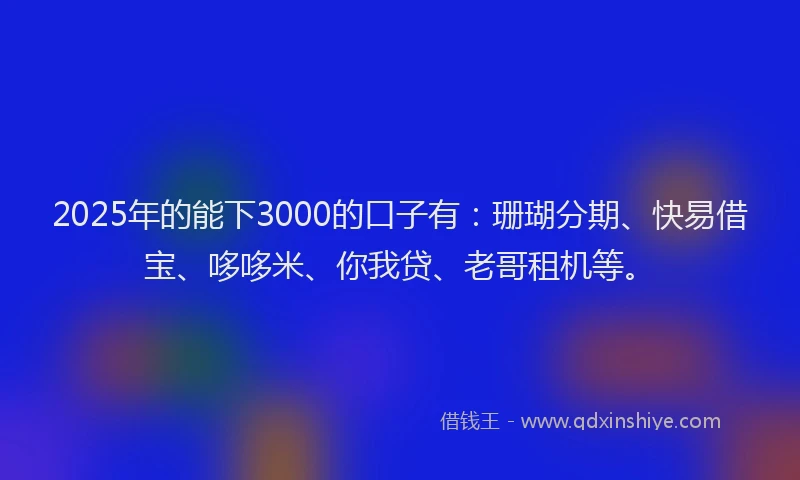 2025年的能下3000的口子有：珊瑚分期、快易借宝、哆哆米、你我贷、老哥租机等。