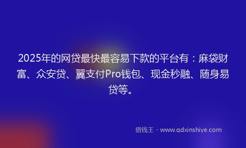 2025年的网贷最快最容易下款的平台有：麻袋财富、众安贷、翼支付Pro钱包、现金秒融、随身易贷等。