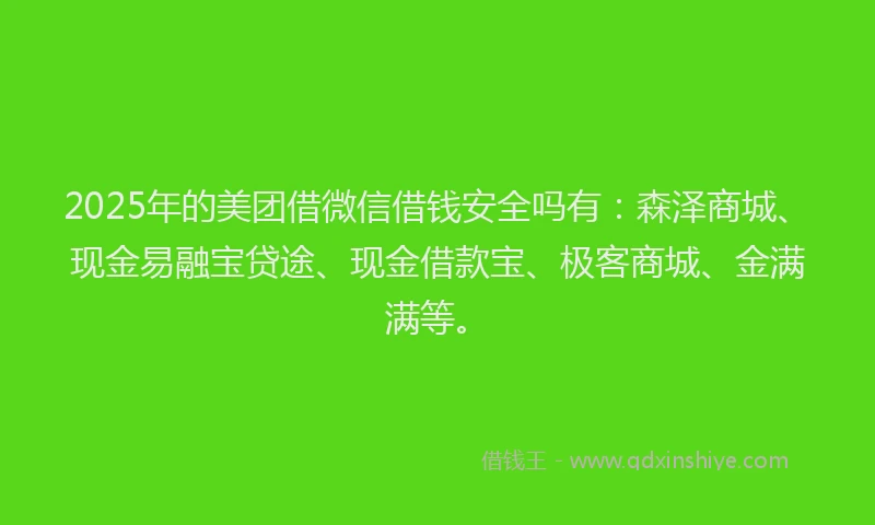 2025年的美团借微信借钱安全吗有：森泽商城、现金易融宝贷途、现金借款宝、极客商城、金满满等。