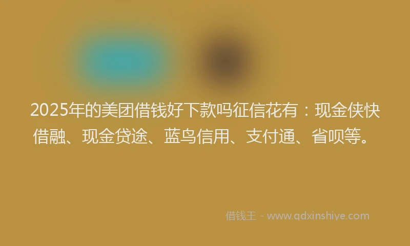 2025年的美团借钱好下款吗征信花有：现金侠快借融、现金贷途、蓝鸟信用、支付通、省呗等。