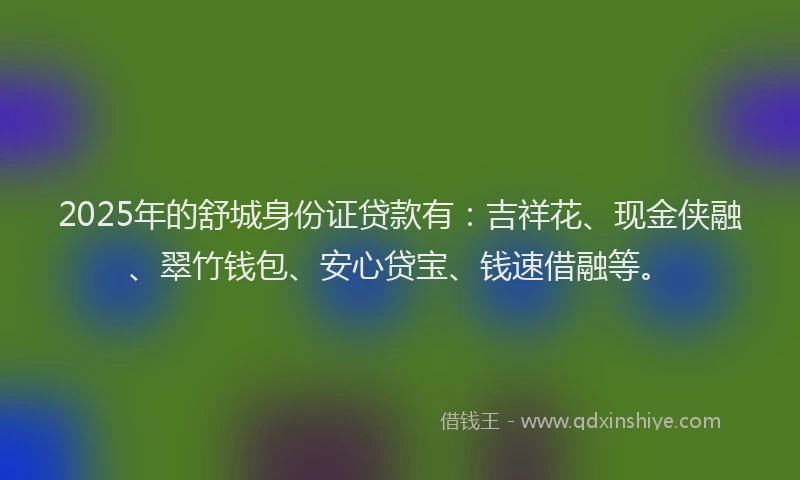 2025年的舒城身份证贷款有：吉祥花、现金侠融、翠竹钱包、安心贷宝、钱速借融等。