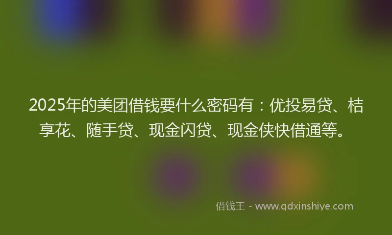 2025年的美团借钱要什么密码有：优投易贷、桔享花、随手贷、现金闪贷、现金侠快借通等。