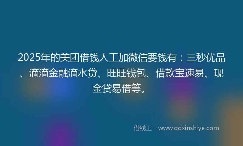 2025年的美团借钱人工加微信要钱有：三秒优品、滴滴金融滴水贷、旺旺钱包、借款宝速易、现金贷易借等。