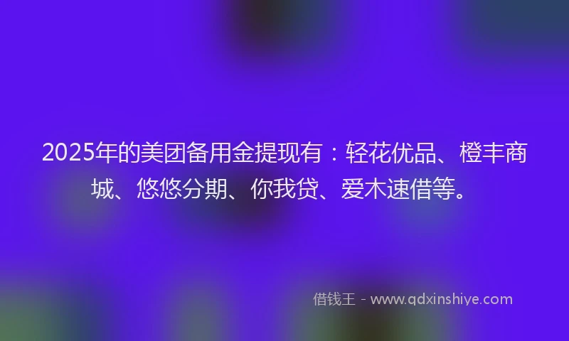 2025年的美团备用金提现有：轻花优品、橙丰商城、悠悠分期、你我贷、爱木速借等。