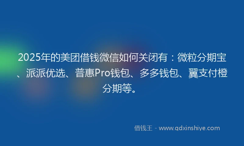 2025年的美团借钱微信如何关闭有：微粒分期宝、派派优选、普惠Pro钱包、多多钱包、翼支付橙分期等。