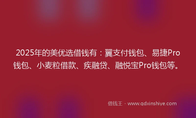 2025年的美优选借钱有：翼支付钱包、易捷Pro钱包、小麦粒借款、疾融贷、融悦宝Pro钱包等。
