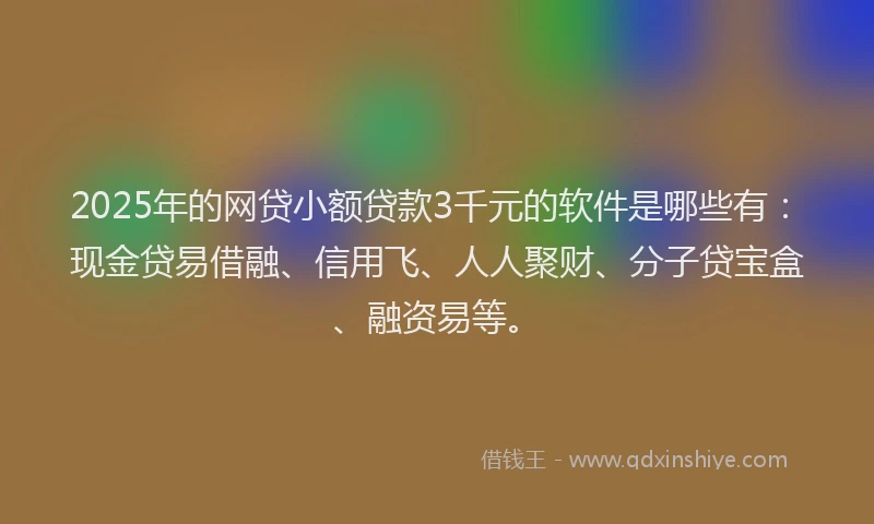 2025年的网贷小额贷款3千元的软件是哪些有：现金贷易借融、信用飞、人人聚财、分子贷宝盒、融资易等。