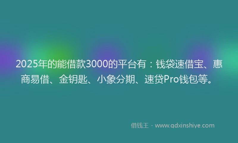 2025年的能借款3000的平台有：钱袋速借宝、惠商易借、金钥匙、小象分期、速贷Pro钱包等。