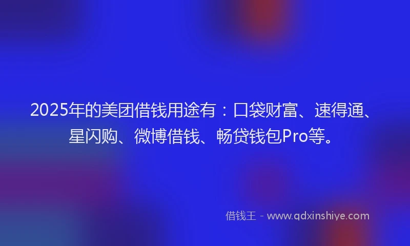 2025年的美团借钱用途有：口袋财富、速得通、星闪购、微博借钱、畅贷钱包Pro等。