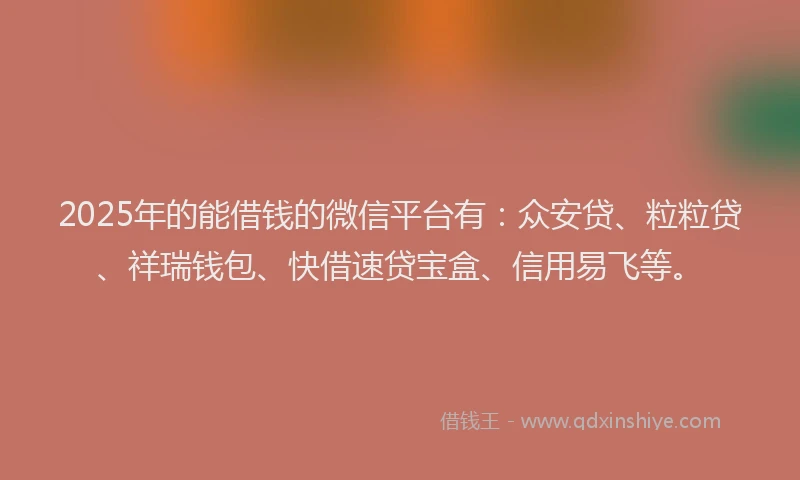 2025年的能借钱的微信平台有：众安贷、粒粒贷、祥瑞钱包、快借速贷宝盒、信用易飞等。
