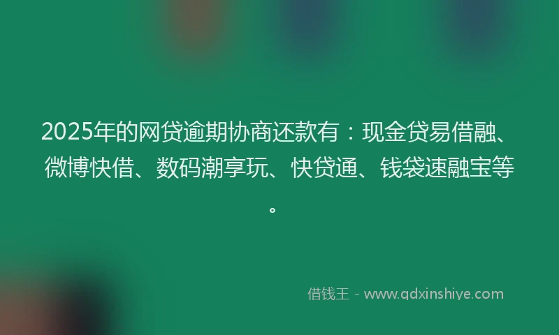 2025年的网贷逾期协商还款有：现金贷易借融、微博快借、数码潮享玩、快贷通、钱袋速融宝等。