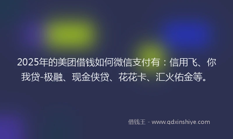 2025年的美团借钱如何微信支付有：信用飞、你我贷-极融、现金侠贷、花花卡、汇火佑金等。