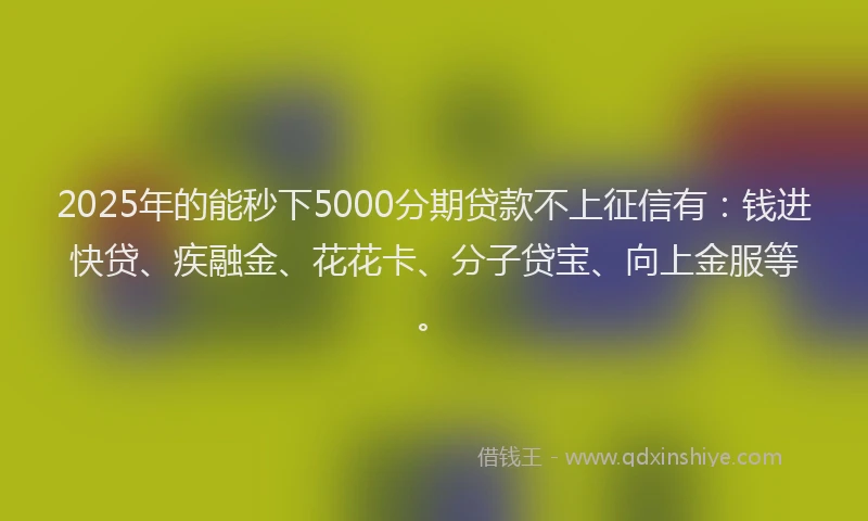 2025年的能秒下5000分期贷款不上征信有：钱进快贷、疾融金、花花卡、分子贷宝、向上金服等。