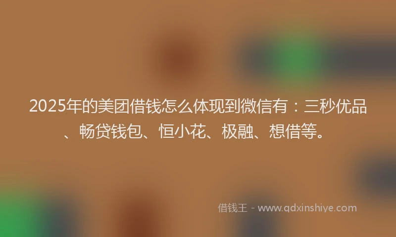 2025年的美团借钱怎么体现到微信有：三秒优品、畅贷钱包、恒小花、极融、想借等。