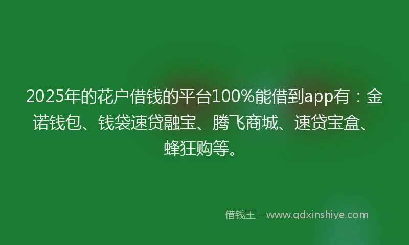 2025年的花户借钱的平台100%能借到app有：金诺钱包、钱袋速贷融宝、腾飞商城、速贷宝盒、蜂狂购等。