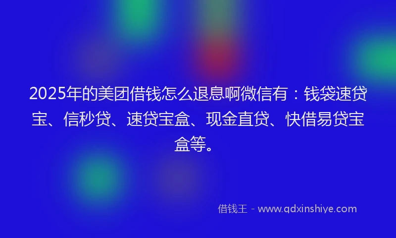 2025年的美团借钱怎么退息啊微信有：钱袋速贷宝、信秒贷、速贷宝盒、现金直贷、快借易贷宝盒等。