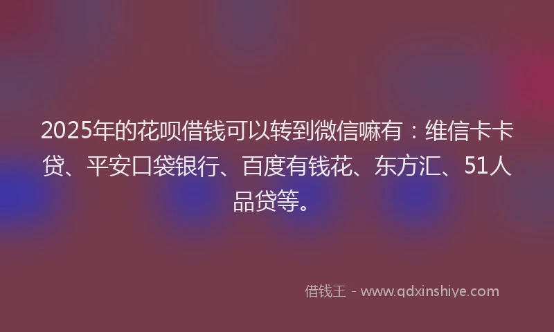 2025年的花呗借钱可以转到微信嘛有：维信卡卡贷、平安口袋银行、百度有钱花、东方汇、51人品贷等。