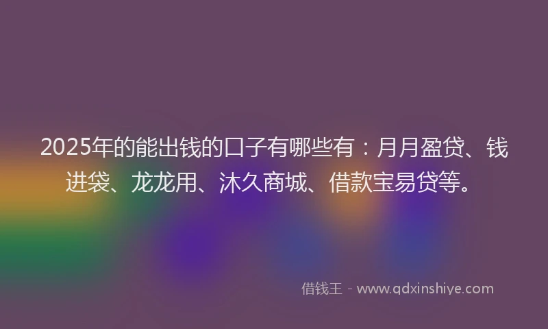 2025年的能出钱的口子有哪些有：月月盈贷、钱进袋、龙龙用、沐久商城、借款宝易贷等。