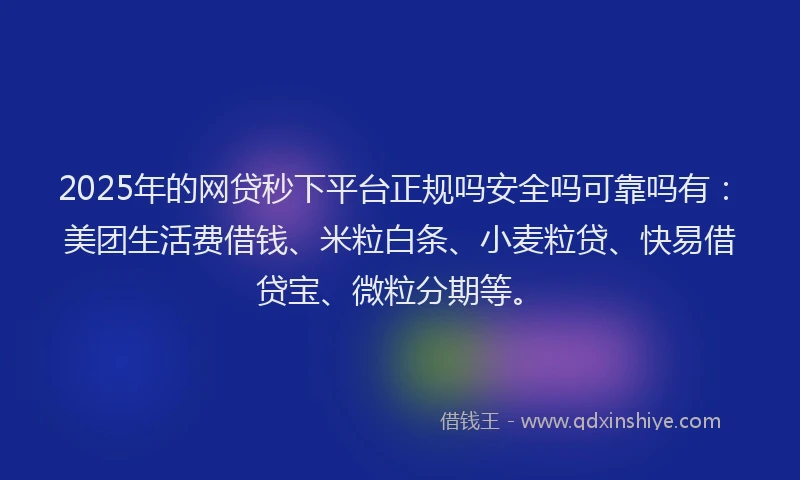 2025年的网贷秒下平台正规吗安全吗可靠吗有：美团生活费借钱、米粒白条、小麦粒贷、快易借贷宝、微粒分期等。