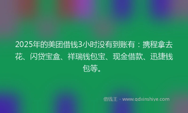 2025年的美团借钱3小时没有到账有：携程拿去花、闪贷宝盒、祥瑞钱包宝、现金借款、迅捷钱包等。