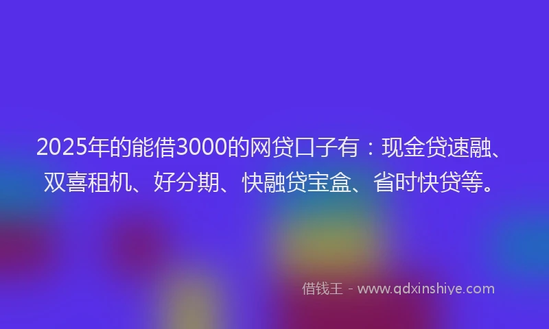 2025年的能借3000的网贷口子有：现金贷速融、双喜租机、好分期、快融贷宝盒、省时快贷等。