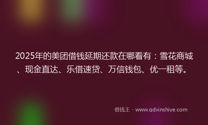 2025年的美团借钱延期还款在哪看有：雪花商城、现金直达、乐借速贷、万信钱包、优一租等。