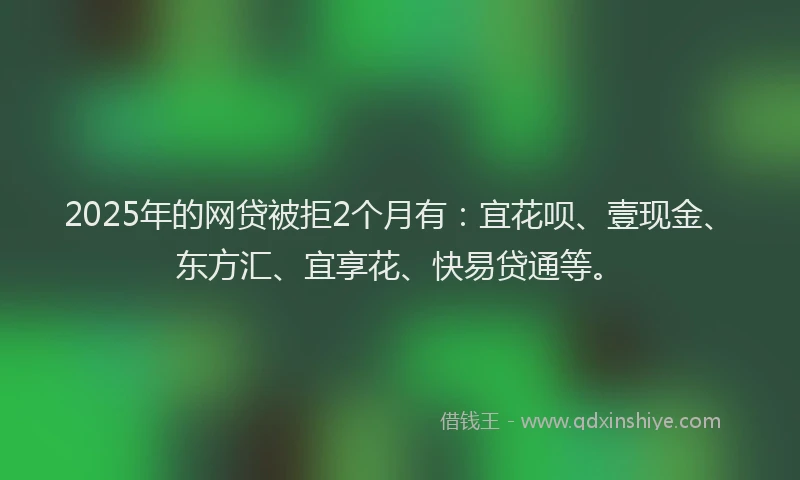 2025年的网贷被拒2个月有：宜花呗、壹现金、东方汇、宜享花、快易贷通等。