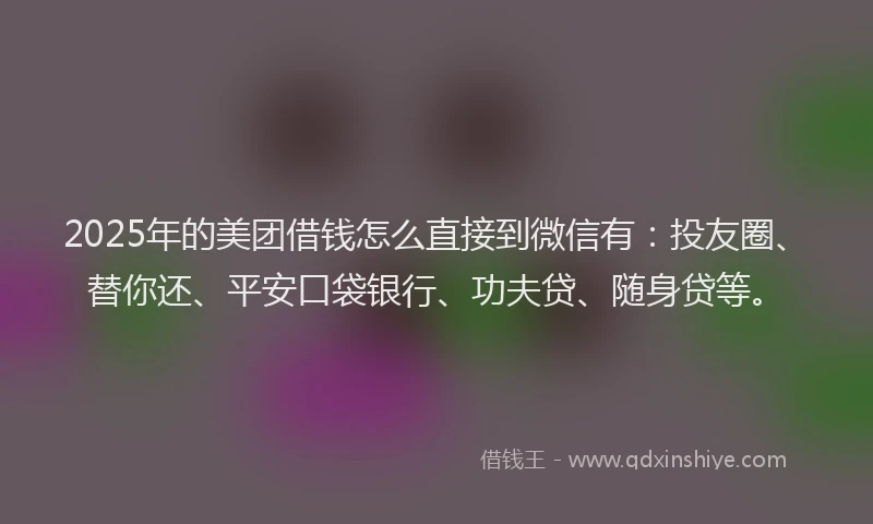 2025年的美团借钱怎么直接到微信有：投友圈、替你还、平安口袋银行、功夫贷、随身贷等。