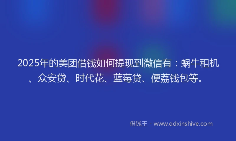 2025年的美团借钱如何提现到微信有：蜗牛租机、众安贷、时代花、蓝莓贷、便荔钱包等。