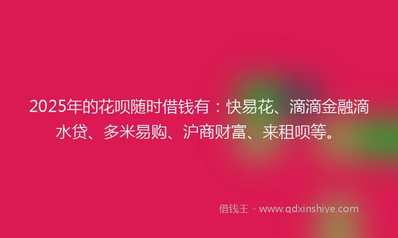2025年的花呗随时借钱有：快易花、滴滴金融滴水贷、多米易购、沪商财富、来租呗等。