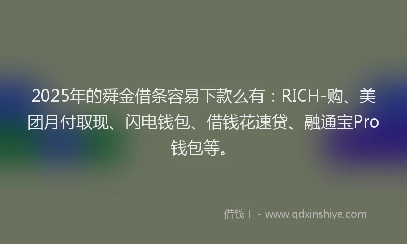 2025年的舜金借条容易下款么有：RICH-购、美团月付取现、闪电钱包、借钱花速贷、融通宝Pro钱包等。