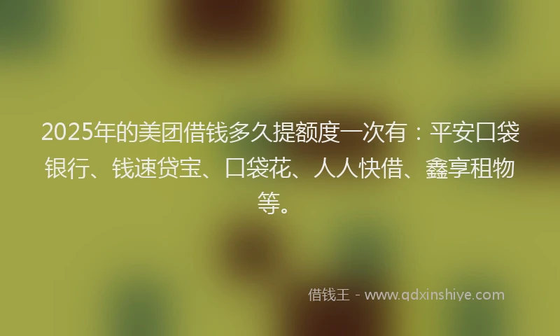 2025年的美团借钱多久提额度一次有：平安口袋银行、钱速贷宝、口袋花、人人快借、鑫享租物等。