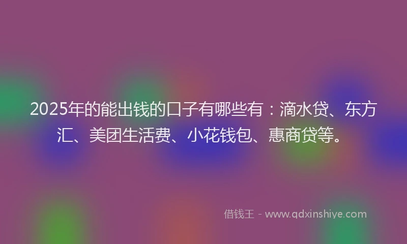 2025年的能出钱的口子有哪些有：滴水贷、东方汇、美团生活费、小花钱包、惠商贷等。